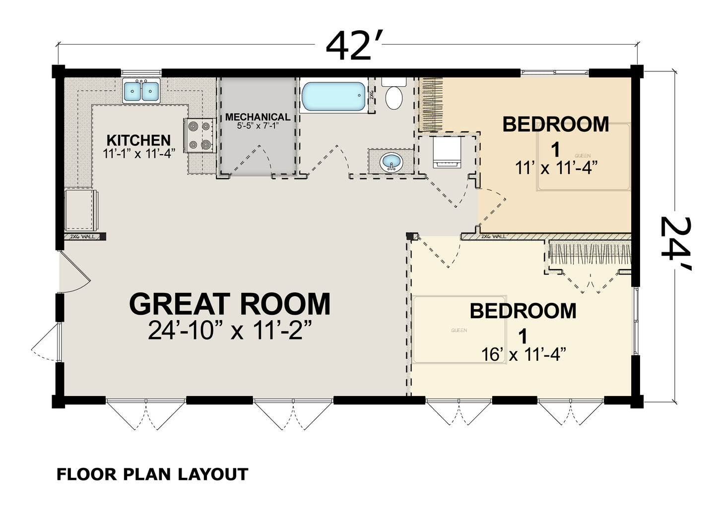 2-Bedroom Modern Mountain Log Cabin Kit 24x42