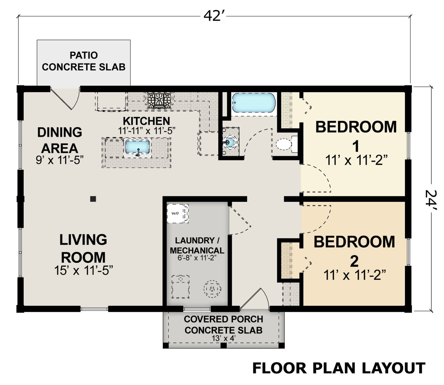 2-Bedroom Log Cabin Kit 24x42 - Floor Plan B (Kit E)