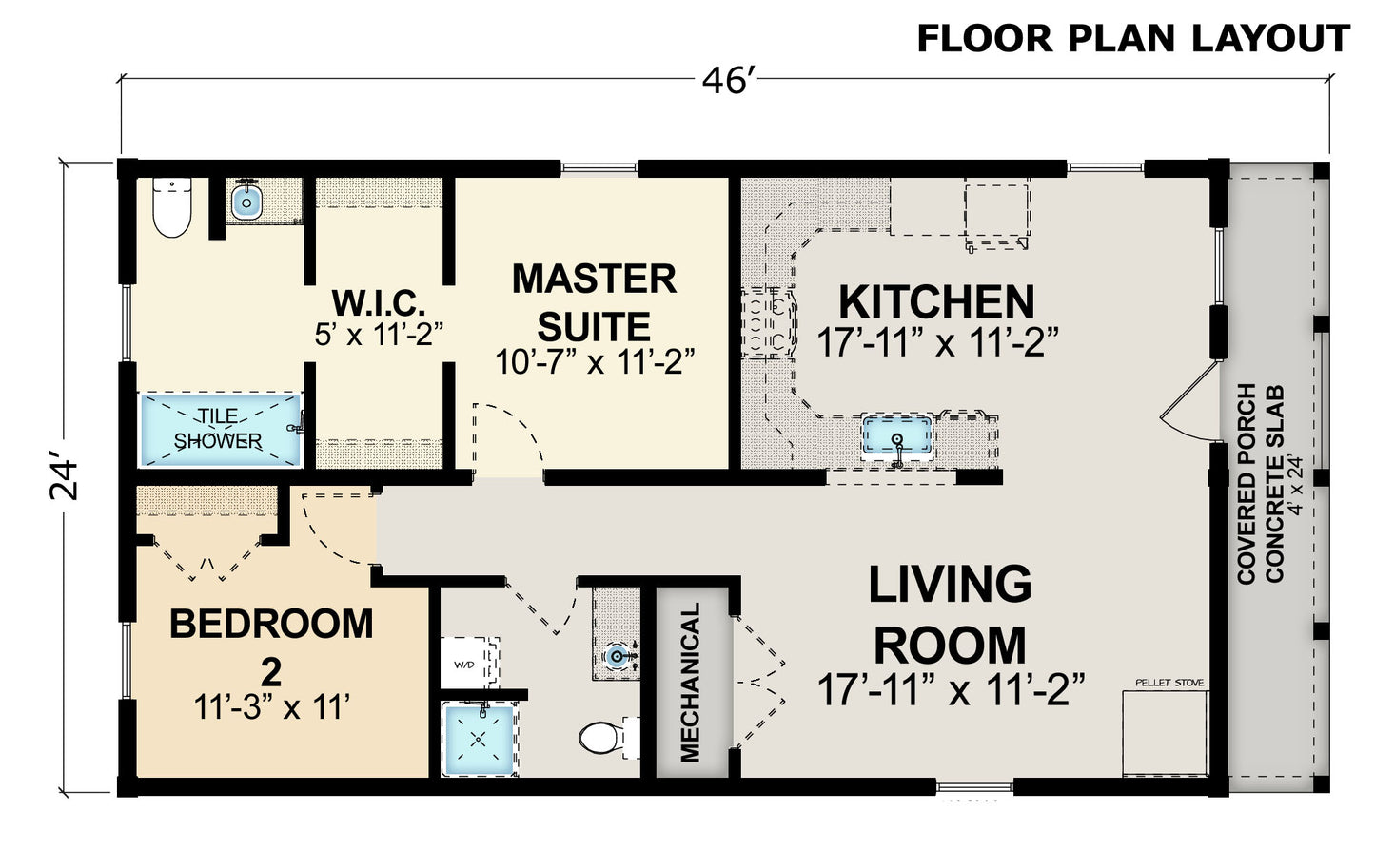 2-Bedroom Log Cabin Kit 24x42 - Floor Plan A
