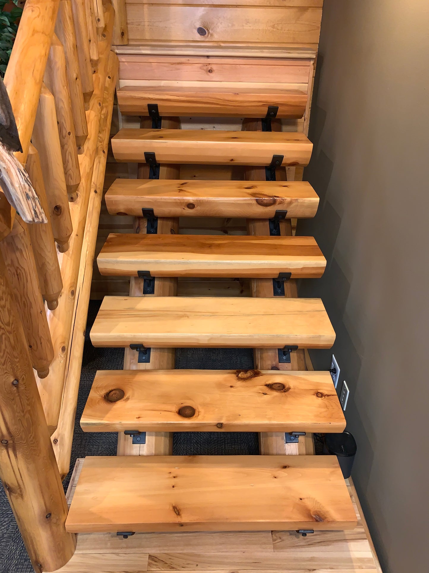 EZ Log stairs staircase stairway log home cabin decor rustic round log half log treads stringers brackets golden eagle