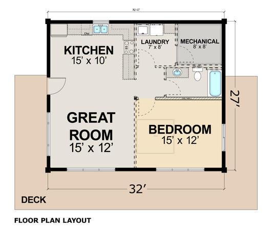 1-Bedroom Modern Mountain Log Cabin Kit 27x32