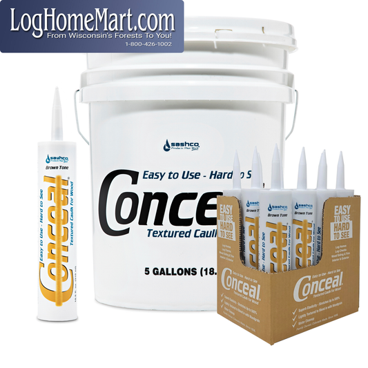 Conceal textured caulk packaging including a bucket, tubes, and boxes on a white background with LogHomeMart.com branding.