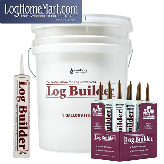 Sashco Log Builder product set including a large 5 gallon bucket, small 10.5oz tubes, and a larger 30oz tube with LogHomeMart.com branding.