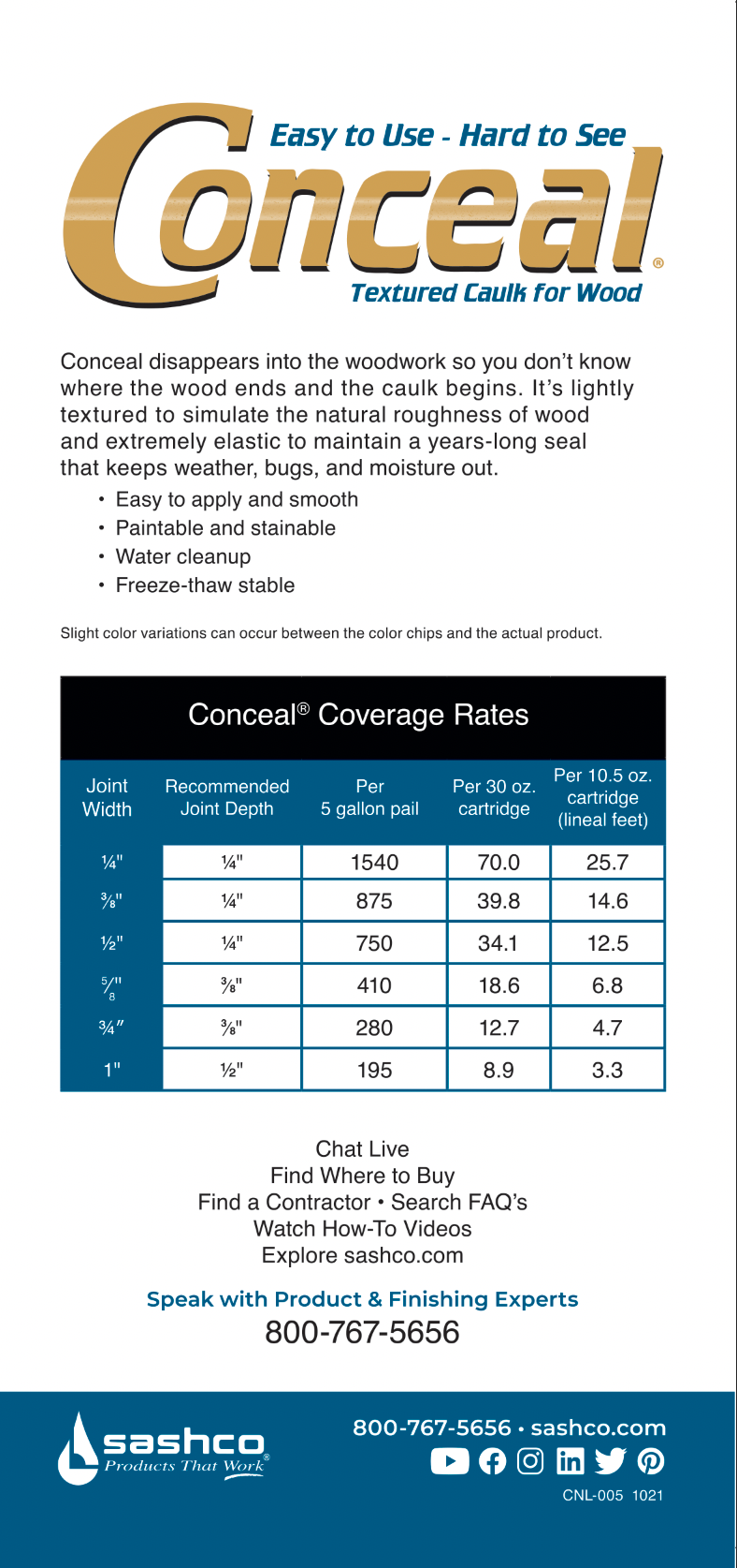 Sascho Conceal caulk coverage rates