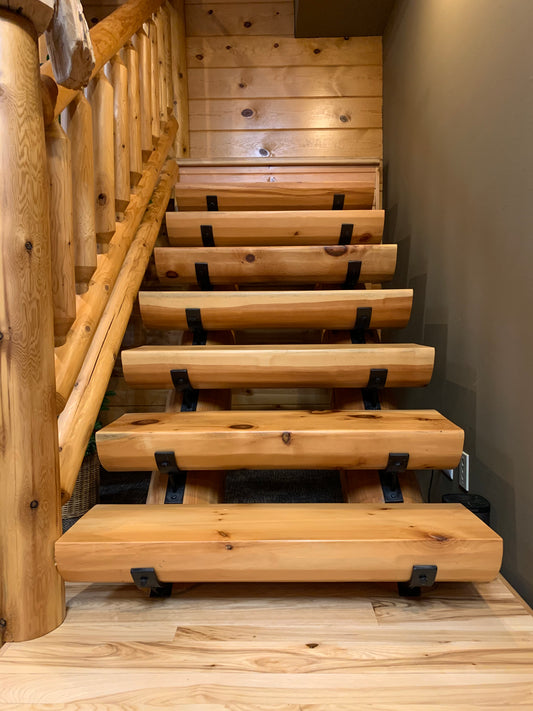 EZ Log stairs staircase stairway log home cabin decor rustic round log half log treads stringers brackets golden eagle