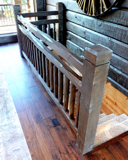 square railing timber rail rectangle rails stairs stairway steps loft fence pine rustic cabin log home timber house interior exterior decor rennovate diy do it yourself project kit parmeter golden eagle log home mart