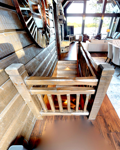 square railing timber rail rectangle rails stairs stairway steps loft fence pine rustic cabin log home timber house interior exterior decor rennovate diy do it yourself project kit parmeter golden eagle log home mart