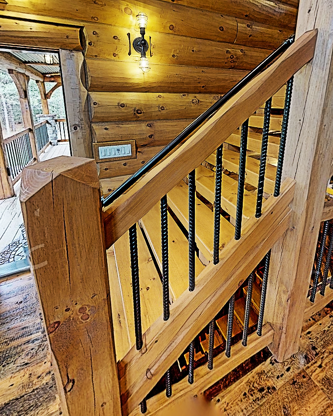 square railing timber rail rectangle rails stairs stairway steps loft fence pine rustic cabin log home timber house interior exterior decor rennovate diy do it yourself project kit parmeter golden eagle log home mart