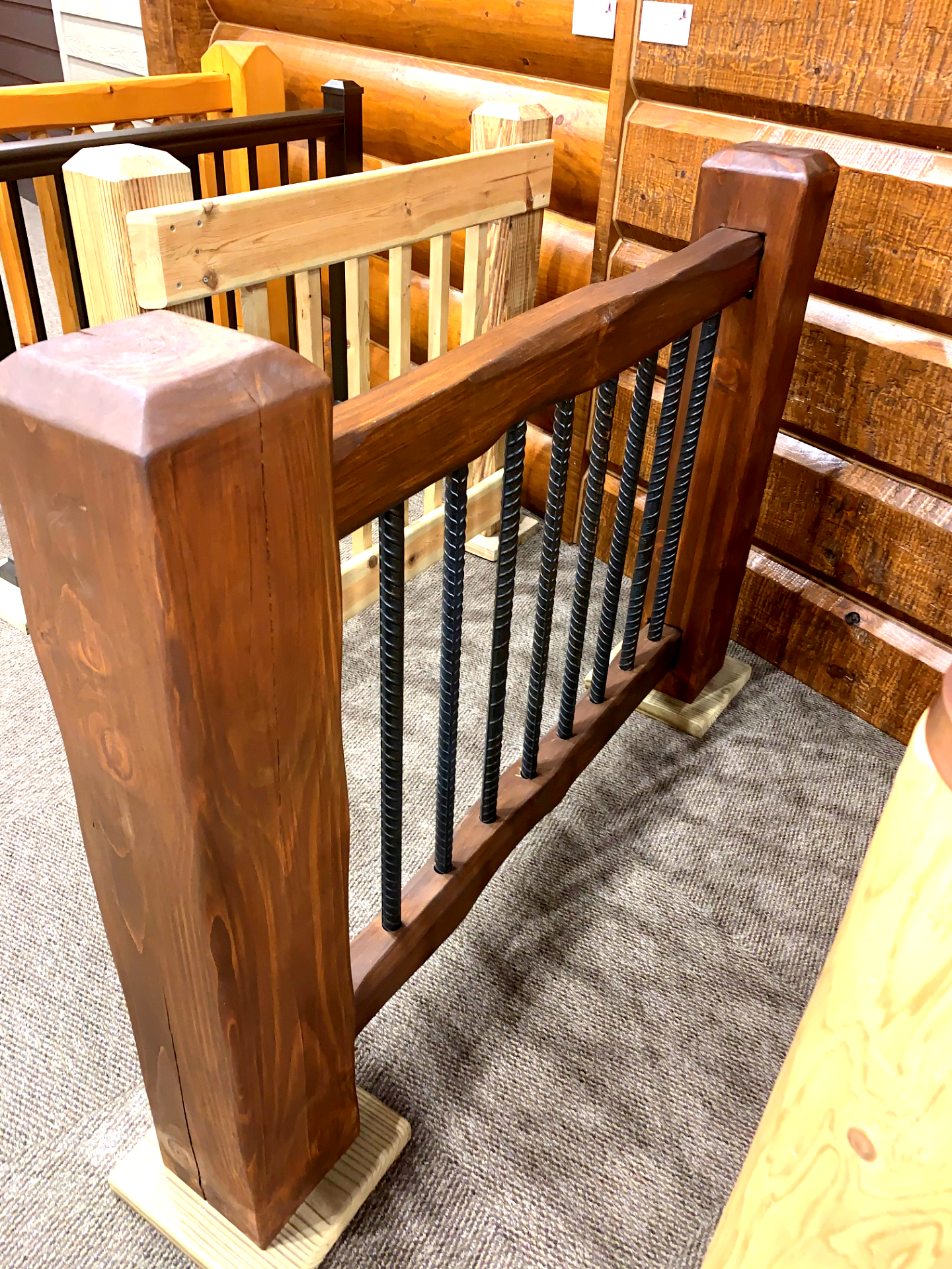 square railing timber rail rectangle rails stairs stairway steps loft fence pine rustic cabin log home timber house interior exterior decor rennovate diy do it yourself project kit parmeter golden eagle log home mart