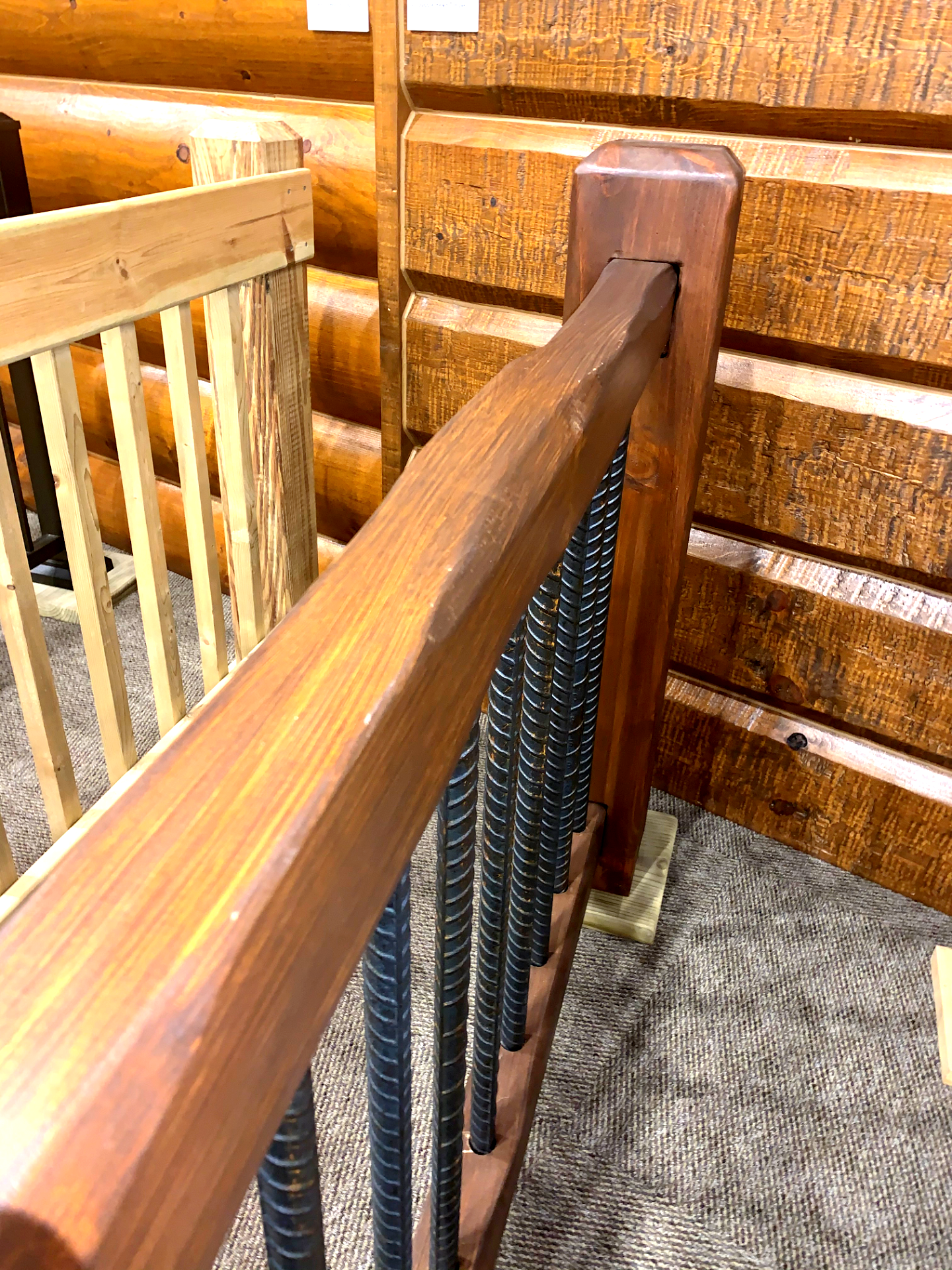 square railing timber rail rectangle rails stairs stairway steps loft fence pine rustic cabin log home timber house interior exterior decor rennovate diy do it yourself project kit parmeter golden eagle log home mart