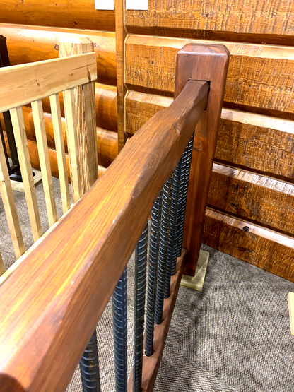 square railing timber rail rectangle rails stairs stairway steps loft fence pine rustic cabin log home timber house interior exterior decor rennovate diy do it yourself project kit parmeter golden eagle log home mart